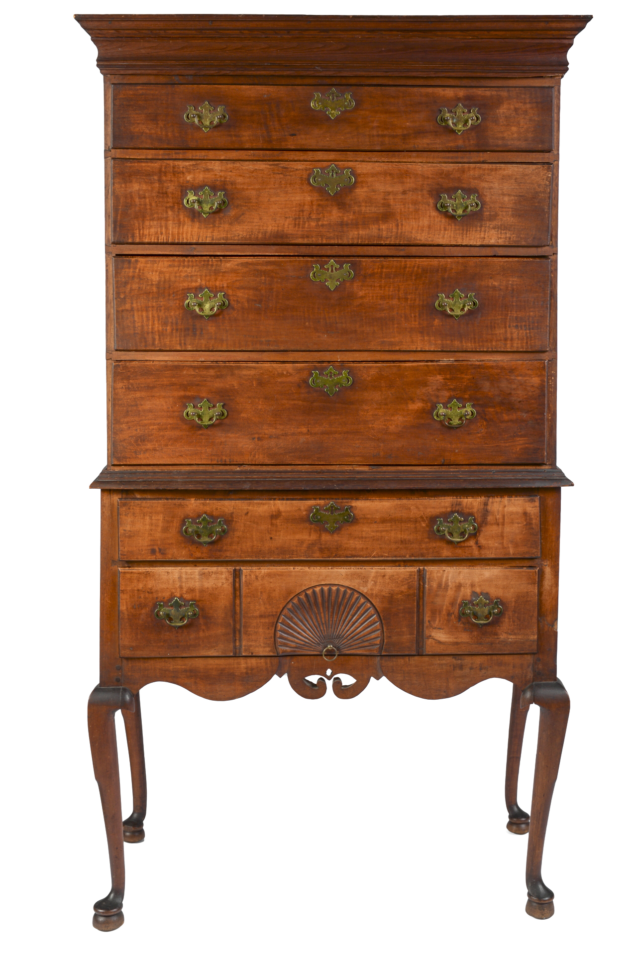 A fine early Queen Anne figured maple and pine high chest