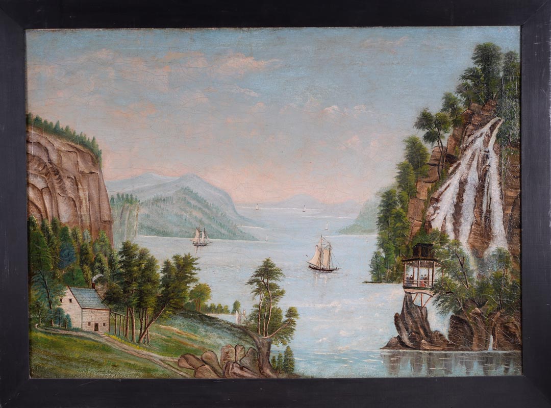 A rural 'Hudson River School' painting of mountains